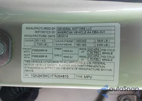 2015 Chevrolet Tahoe Lt z USA, uszkodzony, nr VIN 1GNSKBKC1FR264815